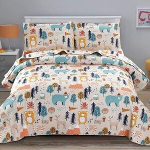 Woodland Bear Deer Quilt Set Full/Queen Cabin Lodge Bedding w/ Shams
